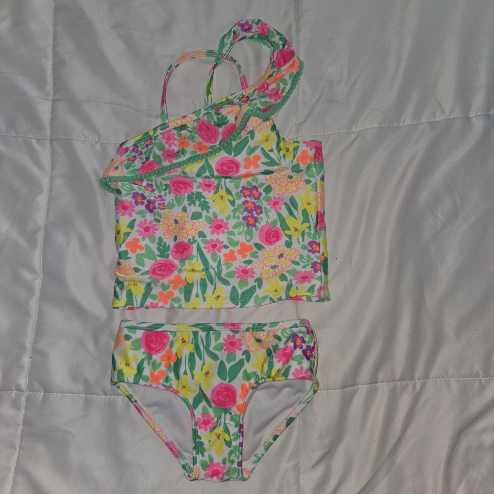 Cat & Jack Floral One-Shoulder Tankini - Pink, Green, Yellow